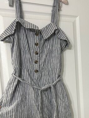 American Eagle Outfitters Blue and White Striped Off-Shoulder Jumpsuit